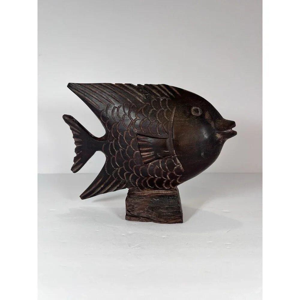Angel Fish Wood Sculpture Rustic Style Fisherman Gift Folk Art‎ Hand Carved 7.5”